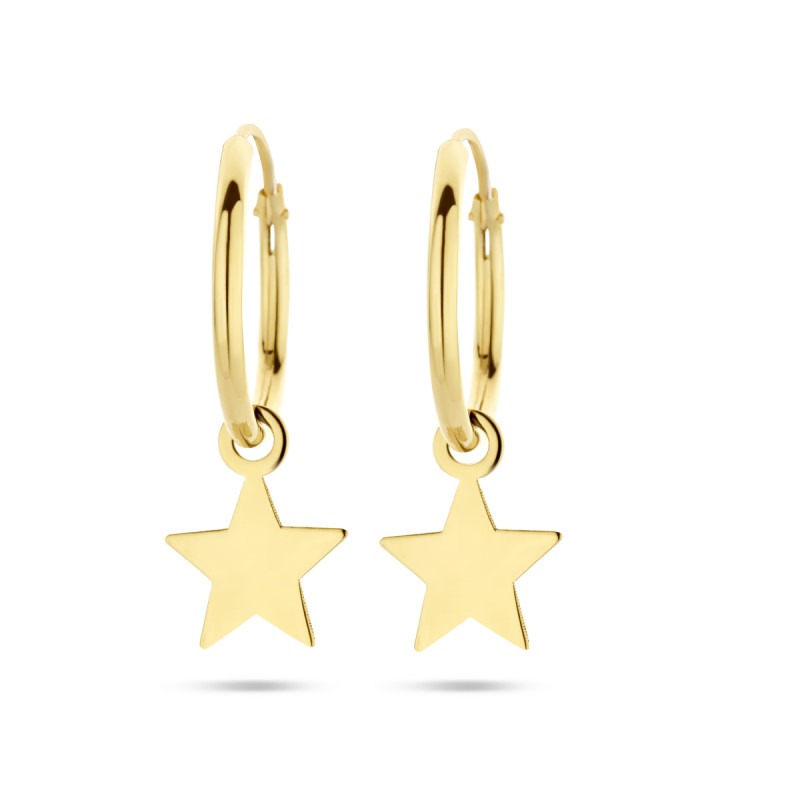 composiet winkelwagen vriendschap 14-karaat gouden oorringen met sterretje - Diameter 13 mm | Mostert  Juweliers