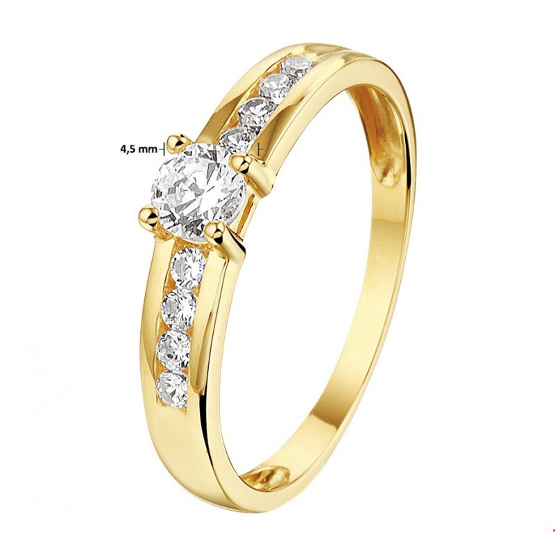 Sympton te ontvangen Consulaat Mooie gouden ring met één grote zirkonia en 2 rijen met kleinere  zirkonia's. Ringmaten: 16-18.5 mm. Schitterende bling ring. 14-karaat goud.  | Mostert Juweliers