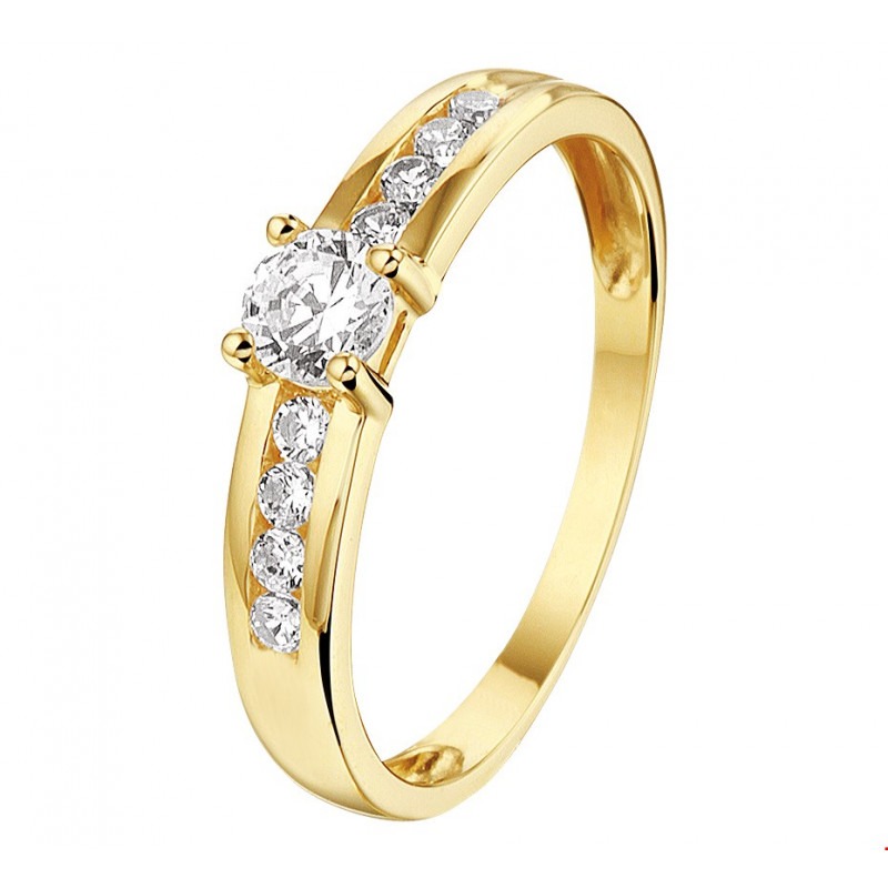 Mooie gouden ring met één grote zirkonia en 2 rijen met kleinere zirkonia's. Ringmaten: 16-18.5 mm. Schitterende bling 14-karaat goud. | Mostert Juweliers